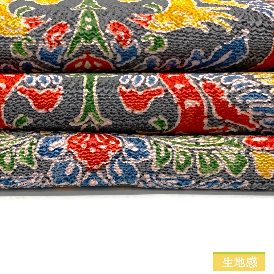 名古屋帯 紺鼠色(こんねずいろ) ちりめん地 染め帯 インカ鳥 帯丈361cm 正絹 Sランク 全通 カジュアル グレー系 1124007312322 名古屋仕立て