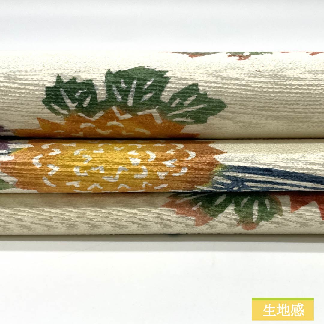 名古屋帯 生成り色(きなりいろ) 京紅型 抽象花模様 鳥 帯丈336cm 正絹 Aランク 六通 カジュアル クリーム系 1124008173315 名古屋仕立て