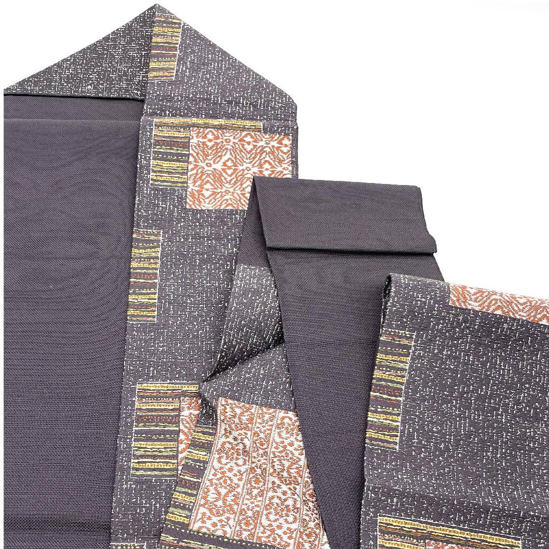 名古屋帯 藤煤竹色 抽象四角模様 帯丈367cm ポリ Sランク 六通 カジュアル グレー系 1124003782322 名古屋仕立て