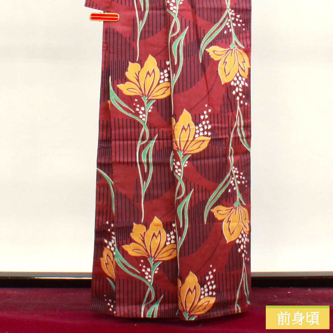 浴衣 木綿 身丈163cm 裄丈66cm Bランク 単衣 赤系 葡萄酒色(ぶどうしゅいろ) 抽象花 1118004774412