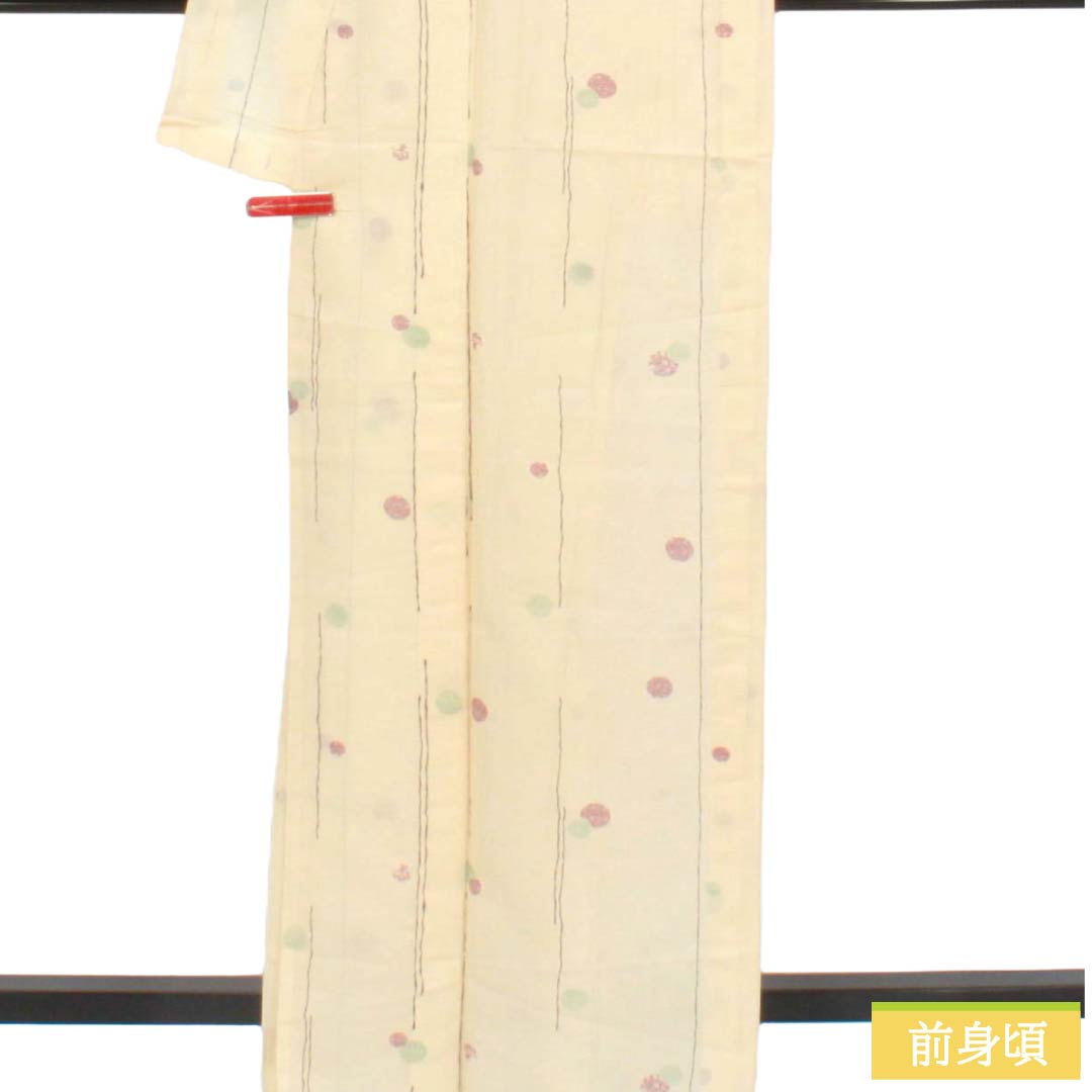 夏物 ポリエステル 小紋 Aランク 身丈164cm 裄丈66.5cm 練色(ねりいろ) 洗える着物 水玉模様 絽 クリーム系 1132005993415