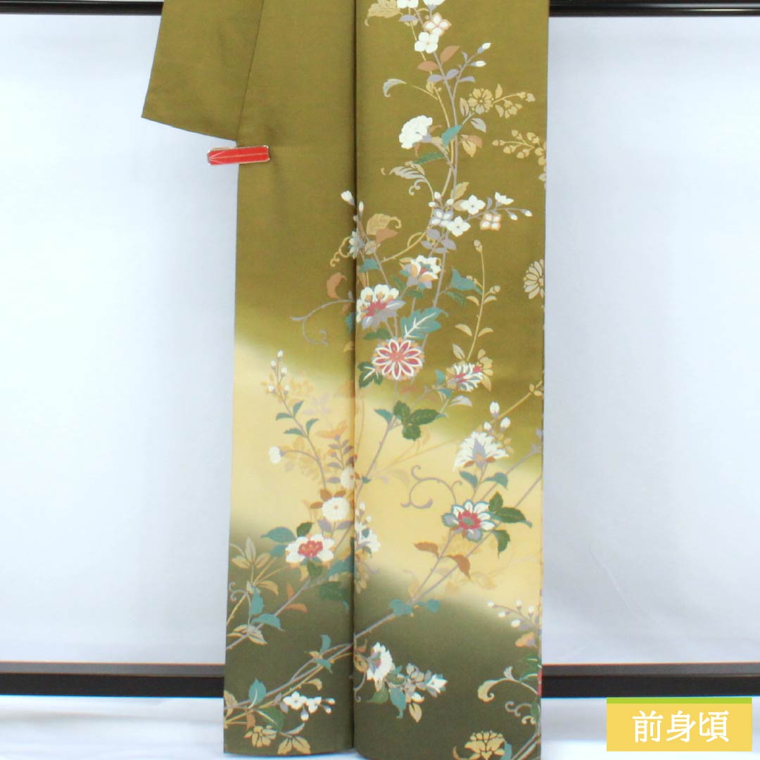 訪問着 正絹 Aランク 袷 身丈162cm 裄丈60.5cm 威光茶色(いこうちゃいろ) 京友禅 草花 緑系 1112007593419