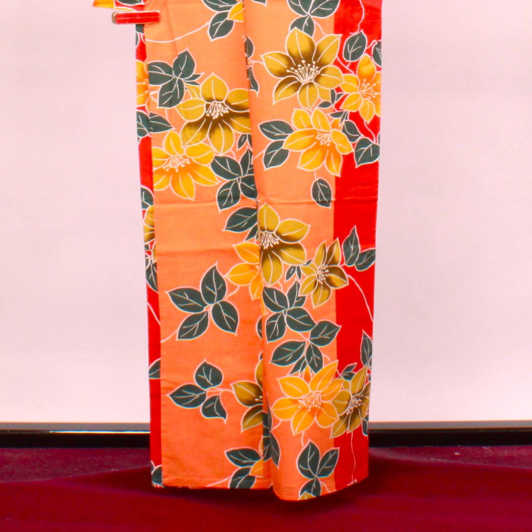 浴衣 黄丹色 ツツジ 木綿 Aランク 単衣 身丈162cm 裄丈66.5cm 朱系 1118004223416
