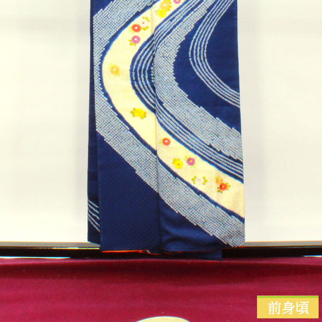 訪問着 正絹 袷 身丈154cm 裄丈63cm 瑠璃色 部分絞り 刺繡 Aランク 紺系 1112004103218