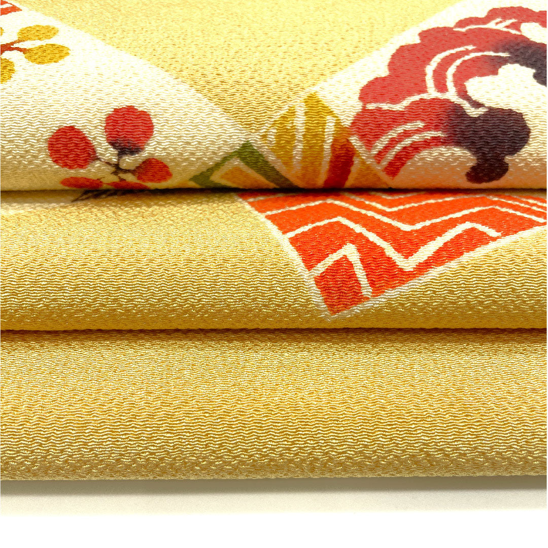 名古屋帯 京紅型 染め帯 縮緬 吉祥文様 帯丈360.5cm 正絹 Aランク ポイント柄 カジュアル 黄系 1124001983323 名古屋仕立て