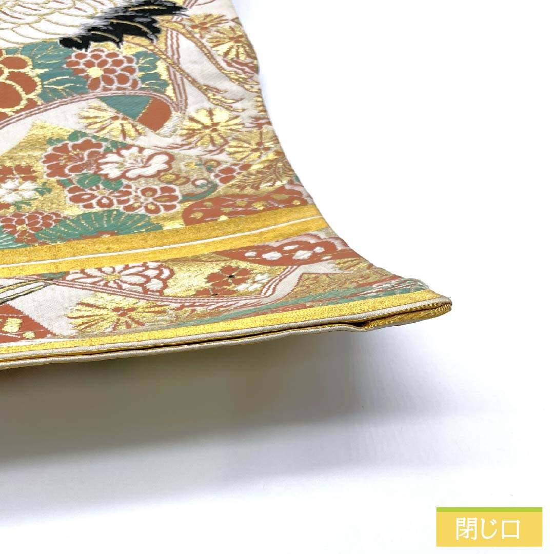 (丸帯)袋帯 正絹 Aランク 丸帯 留袖用 古典柄 鶴 菊 帯丈376cm 全通 フォーマル 金系 1123015773321
