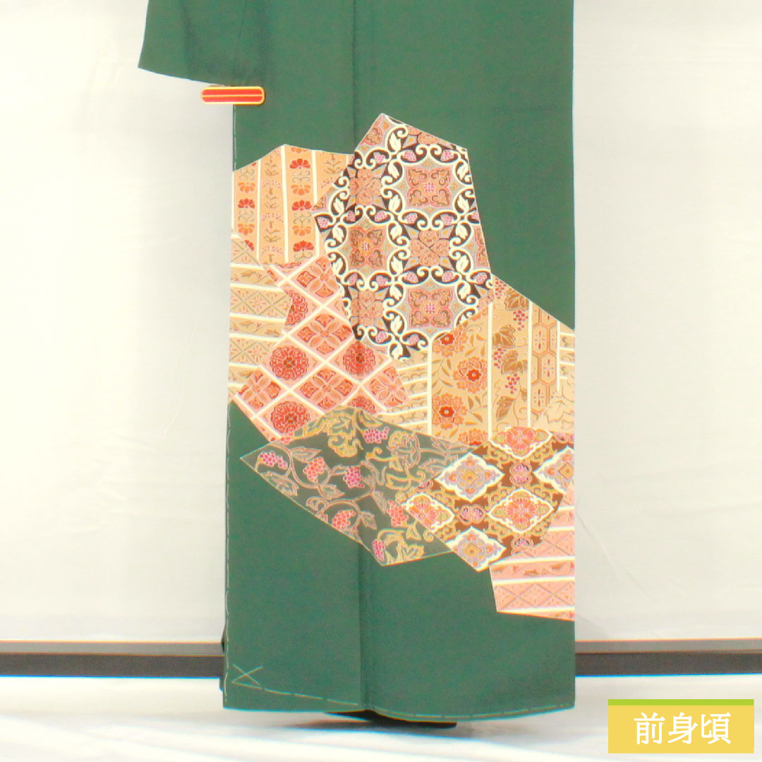 訪問着 正絹 袷 身丈160cm 裄丈63.5cm 柚葉色(ゆばいろ) 京友禅 更紗模様 Sランク 緑系 1112005052419