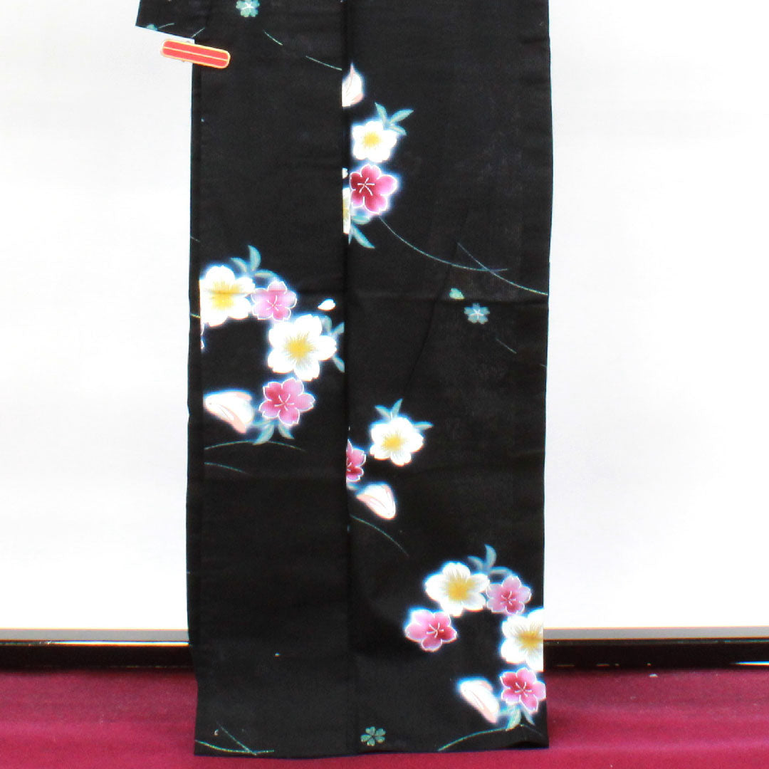 浴衣 桜 木綿 Sランク 単衣 身丈168cm 裄丈67.5cm 黒系 1118002092510