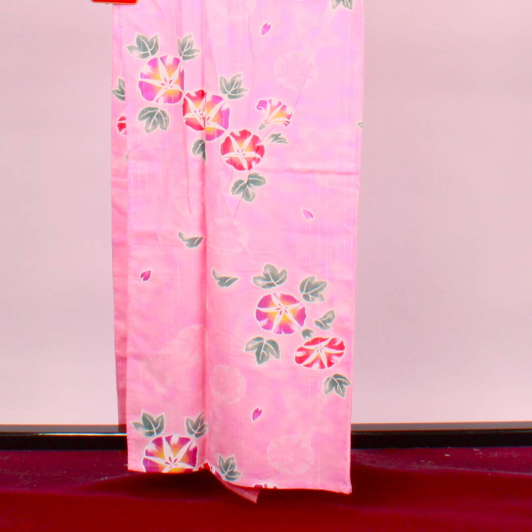 浴衣 洎夫藍色 浅紅色 朝顔 銀糸 木綿 Sランク 単衣 身丈162cm 裄丈64cm ピンク系 1118004252413