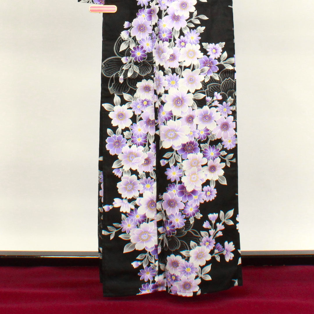 浴衣 桜 木綿 Sランク 単衣 身丈161.5cm 裄丈65.5cm 黒系 1118001492410