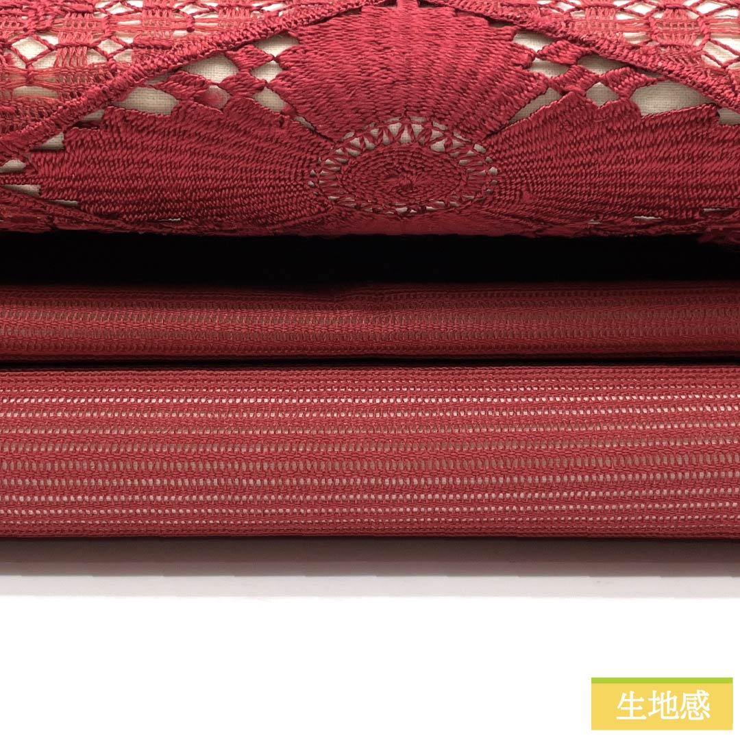名古屋帯 正絹 Sランク 名古屋仕立て 紅絹色(もみいろ) 夏帯 汕頭刺繡 抽象柄 帯丈365cm ポイント柄 セミフォーマル 赤系 1124013502312