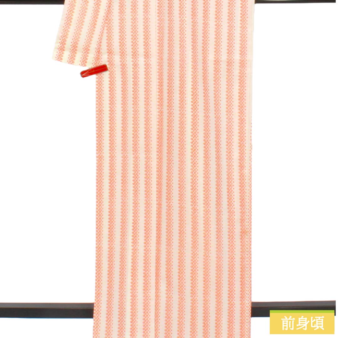 夏物 ポリエステル 小紋 Aランク 身丈167cm 裄丈65cm 洗える着物 小花 縞 絽 白系 1132007113511