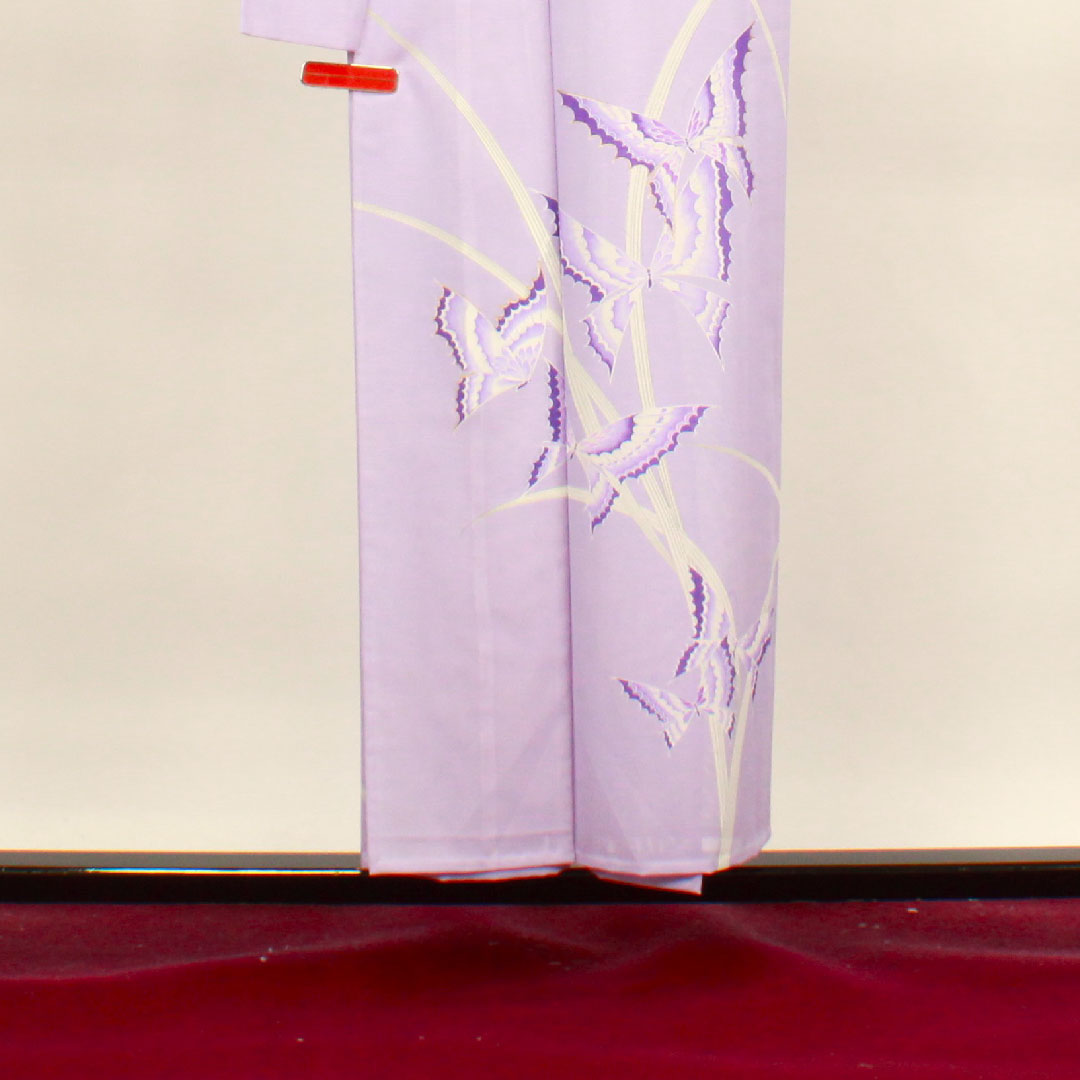 夏物 ポリエステル 訪問着 身丈152cm 裄丈61.5cm 淡紫色(たんししょく) 洗える着物 蝶 絽 Sランク 紫系 1132000682220