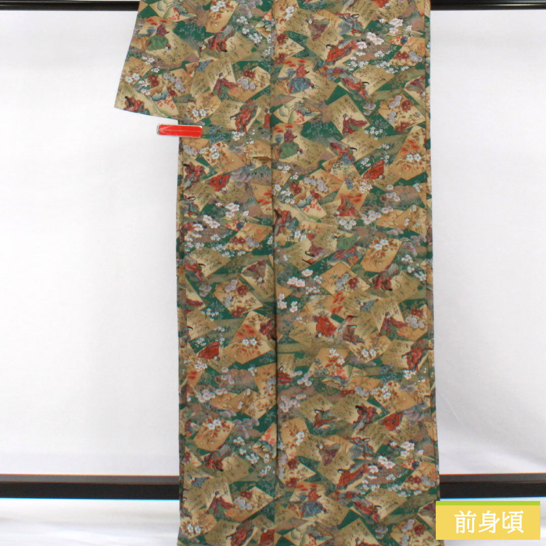 小紋 正絹 Sランク 身丈166cm 裄丈66cm 袷 柚葉色(ゆばいろ) ちりめん地 百人一首 緑系 1115007652519