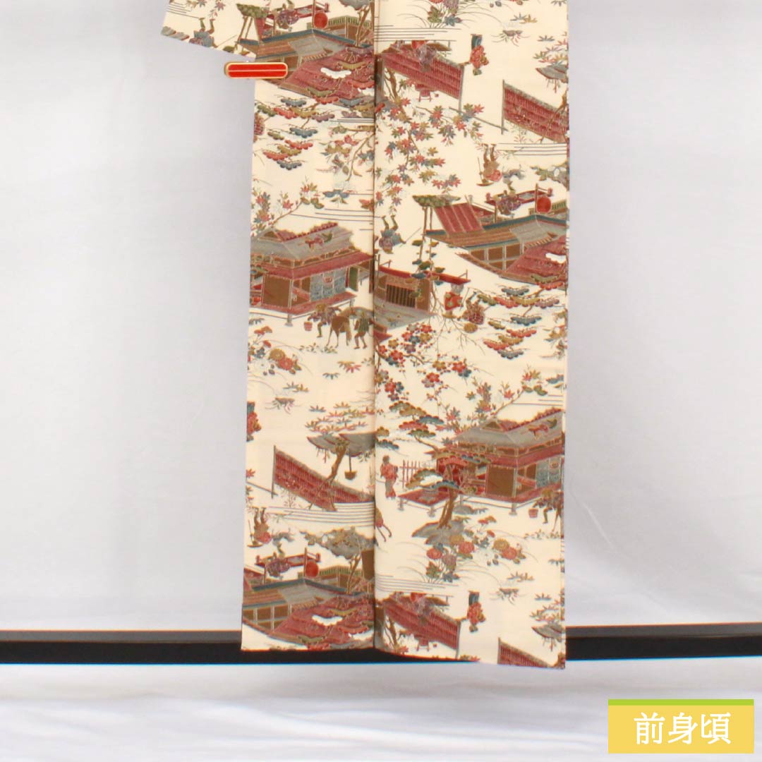 小紋 正絹 身丈156.5cm 裄丈62cm 袷 砥粉色(とのこいろ) 型染 時代絵巻 Bランク クリーム系 1115005054315