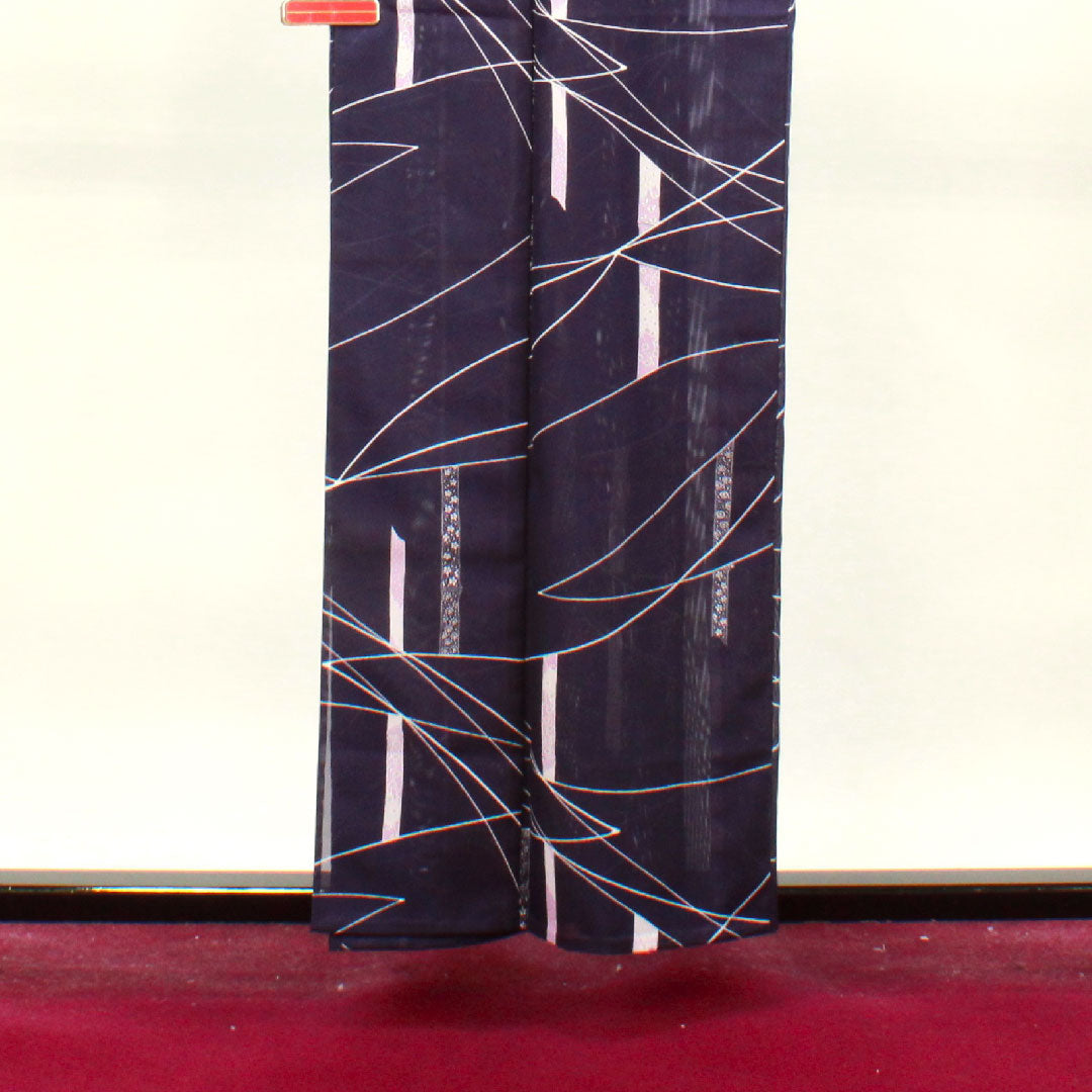 夏物 ポリエステル 小紋 身丈158.5cm 裄丈60.5cm 紫紺色(しこんいろ) 竹 しつけ糸付き 未使用品 絽 Sランク 紫系 1132000942320