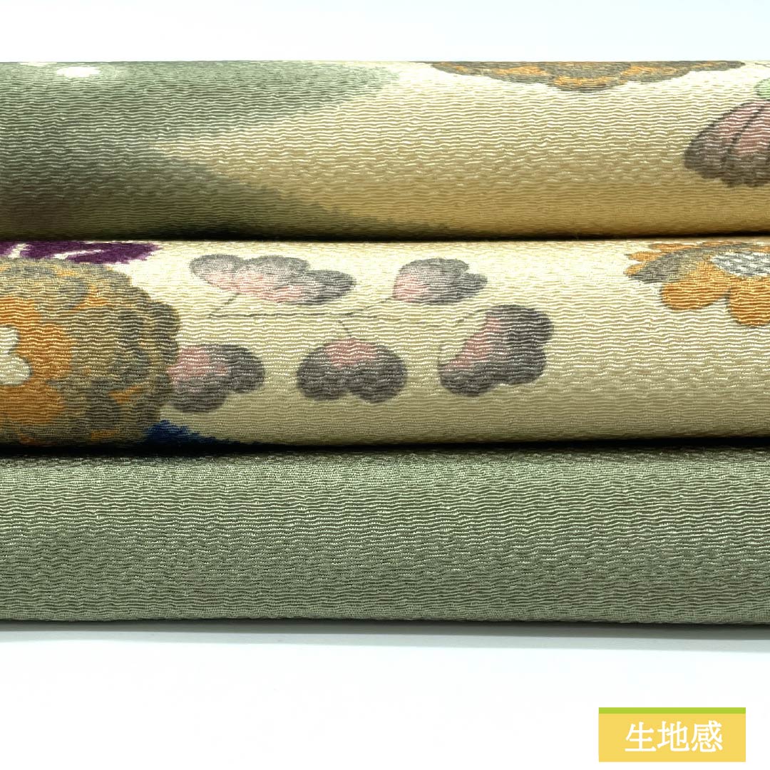 名古屋帯 正絹 Aランク 柳茶色(やなぎちゃいろ) ちりめん地 辻ヶ花 染め帯 帯丈347cm ポイント柄 カジュアル 緑系 1124009183319 名古屋仕立て