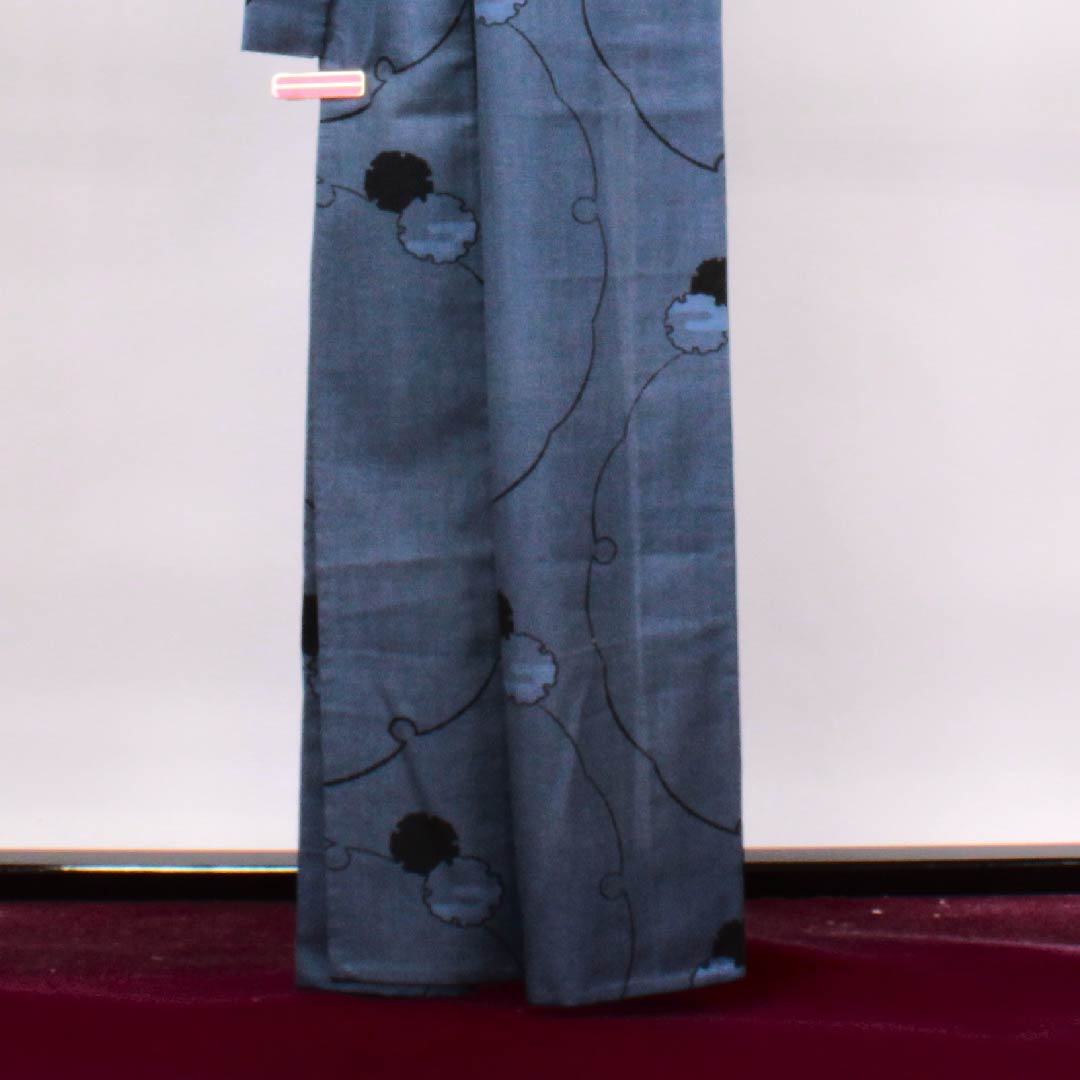 夏物 ポリエステル 小紋 身丈162.5cm 裄丈65cm 瞑色色(めいしょくいろ)雪輪 紗 Sランク 青系 1132000152417