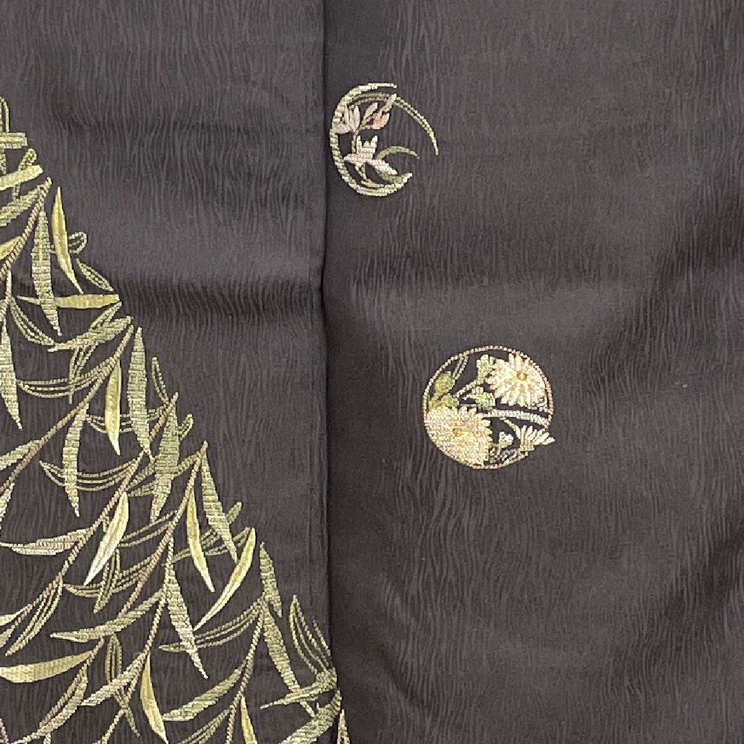 訪問着 袷 身丈160cm 裄丈65cm 汕頭刺繡 相良刺繡 草花模様 正絹 Sランク 黒系 1112001842410