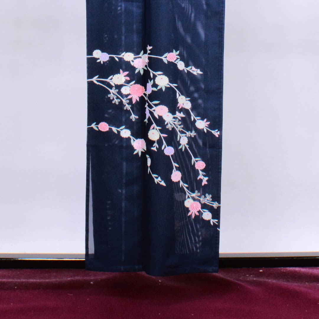 夏物 ポリエステル 訪問着 身丈156.5cm 裄丈65cm 濃紺色(のうこんいろ)菊 絽 Sランク 紺系 1132000102318