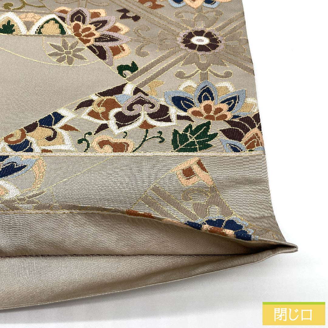 袋帯 遠州鼠色(えんしゅうねずいろ) 白綾苑大庭 唐花模様 鴛鴦模様 振袖用 帯丈433cm 正絹 Sランク 六通 フォーマル ベージュ系 1123009602325