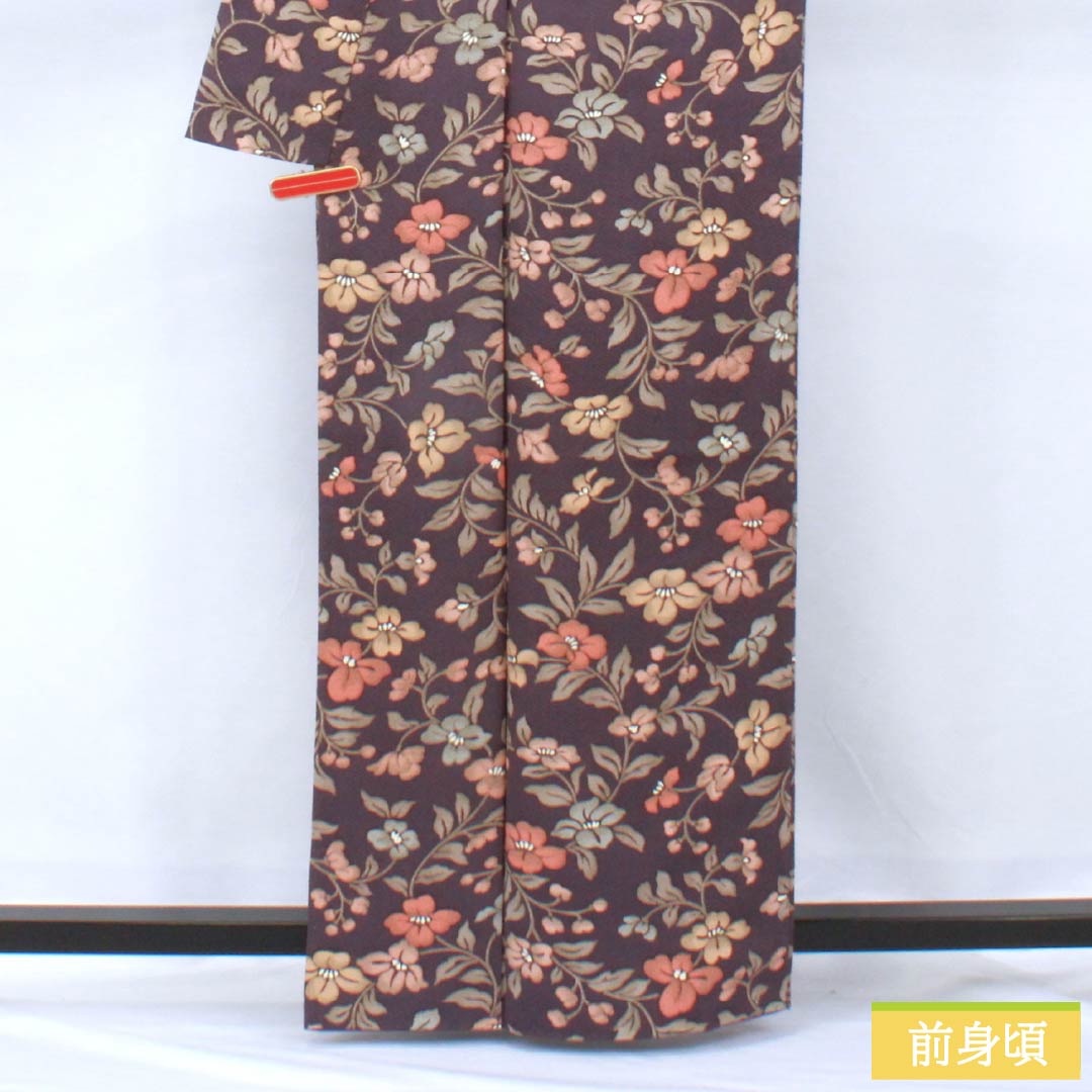 小紋 正絹 身丈162cm 裄丈64cm 袷 深紫色(ふかきむらさきいろ) 紗綾形 草花模様 Sランク 紫系 1115005972420