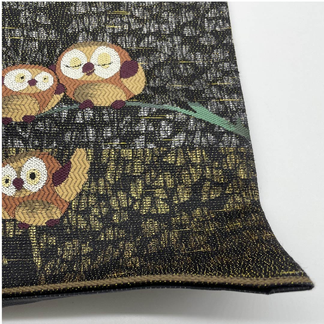 袋帯 黒色 ふくろう 帯丈434cm 正絹 Aランク 六通 カジュアル 黒系 1123008853310