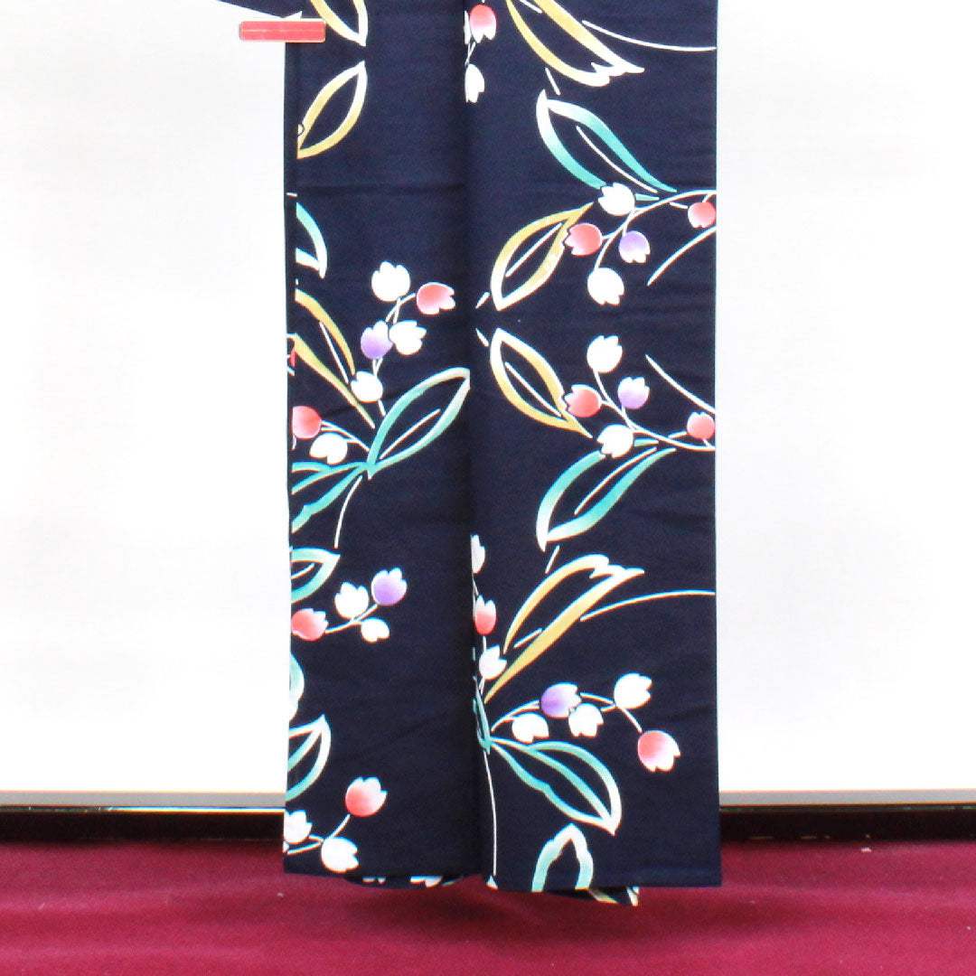 浴衣 紺色 鈴蘭 木綿 Sランク 単衣 身丈158.5cm 裄丈63cm 紺系 1118001812318