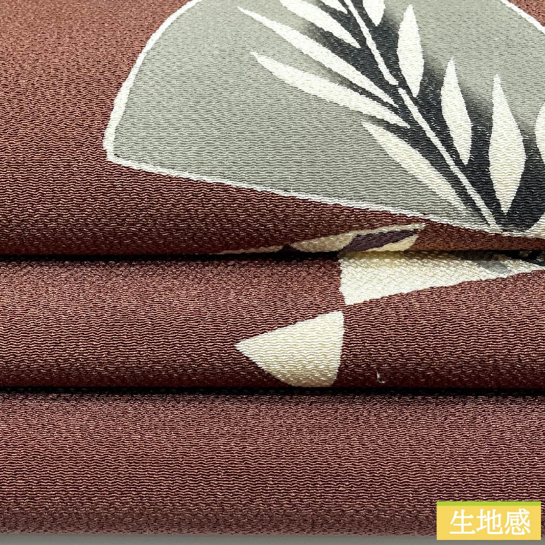 名古屋帯 錆色 扇面 鱗 花 染帯 ちりめん地 帯丈361.5cm 正絹 Sランク ポイント柄 カジュアル 茶系 1124005852314 名古屋仕立て