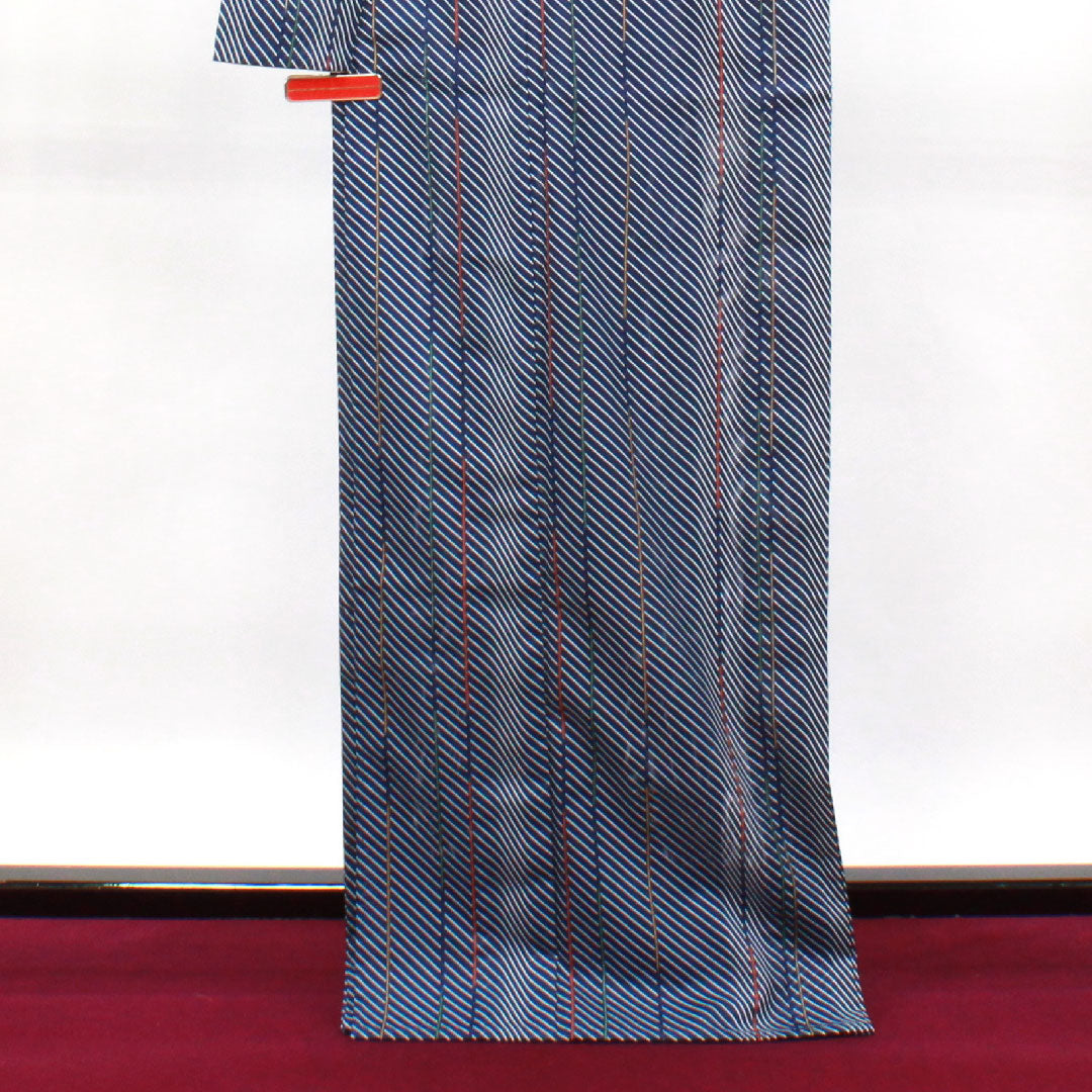 Summer kimono, polyester, small pattern, length 170.5cm, sleeve length 65cm, navy bellflower color, geometric pattern, washable kimono, with basting thread, silk, S rank, navy blue, 1132001552618