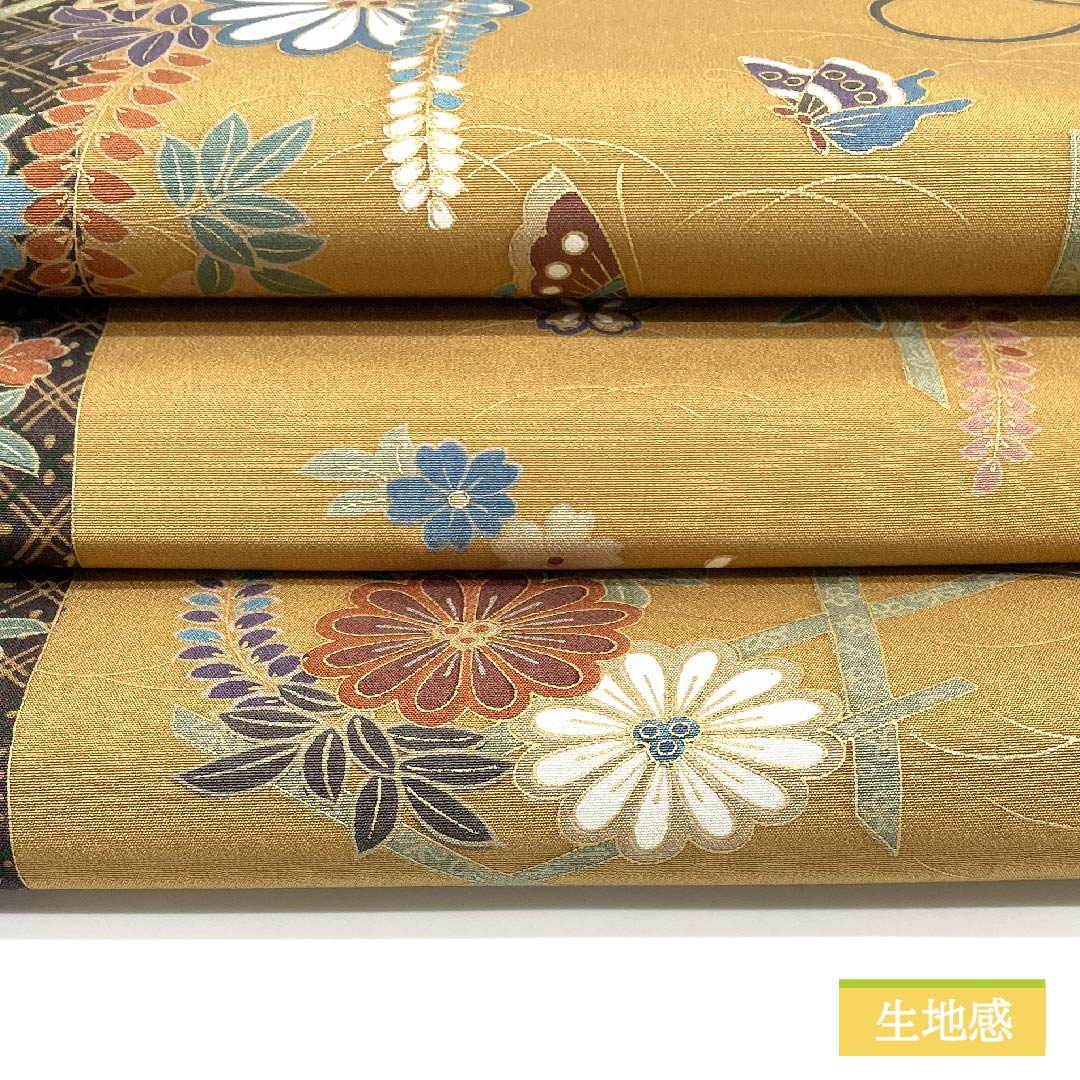名古屋帯 山吹鼠色(やまぶきねずいろ) 菊 藤の花 蝶 帯丈372cm 正絹 Sランク 全通 セミフォーマル ベージュ系 1124006522325 名古屋仕立て