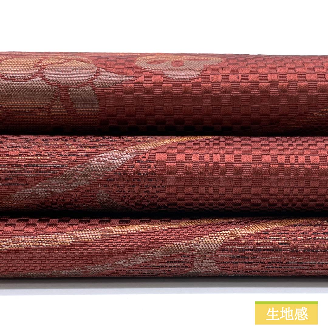 Nagoya obi, oxblood red, abstract floral pattern, obi length 358cm, pure silk, S rank, six-pass, casual, vermilion, 1124008072316, pine-needle style