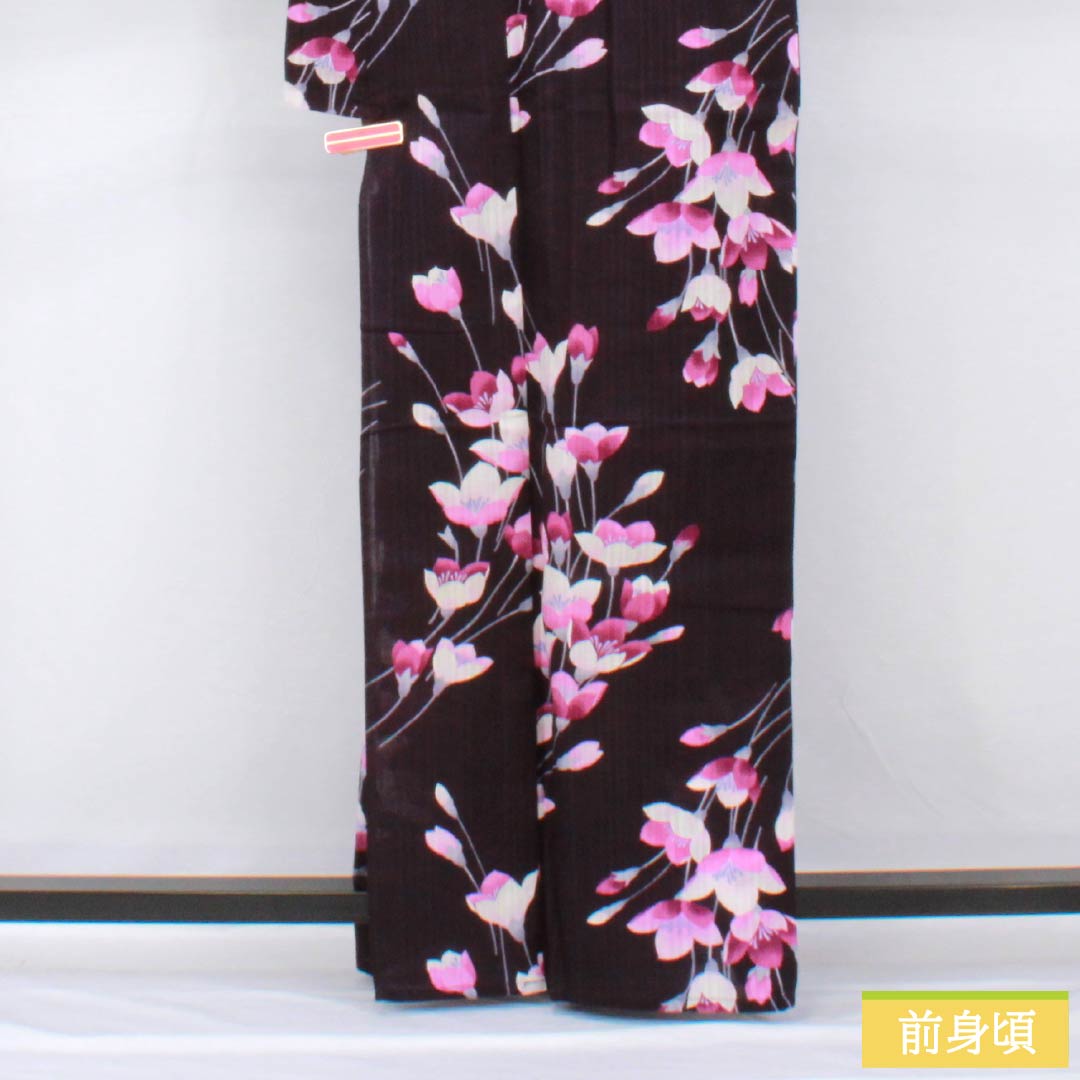 浴衣 木綿 身丈163cm 裄丈66.5cm Sランク 単衣 紫系 紫黒色(しこくしょく) 鉄線 1118005282420