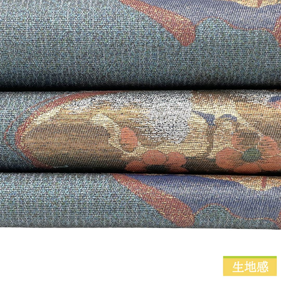 袋帯 正絹 Sランク 錆浅葱色(さびあさぎいろ) 引箔 扇面 草花 帯丈440cm 六通 セミフォーマル 青系 1123018532317