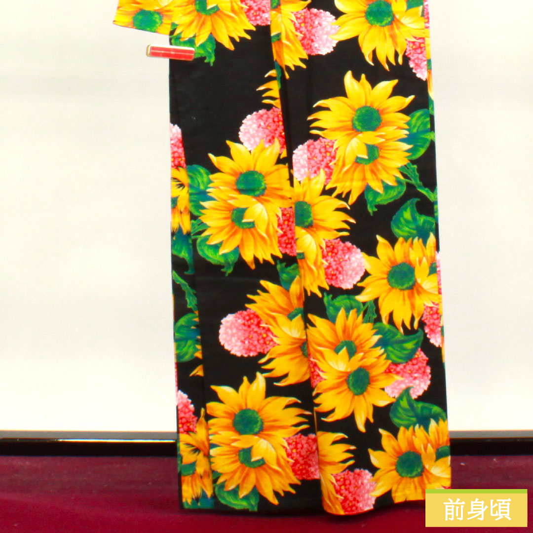 Yukata Cotton Length 165cm Sleeve length 69cm S rank Single layer Black Sunflower Hydrangea KENZO 1118004732510
