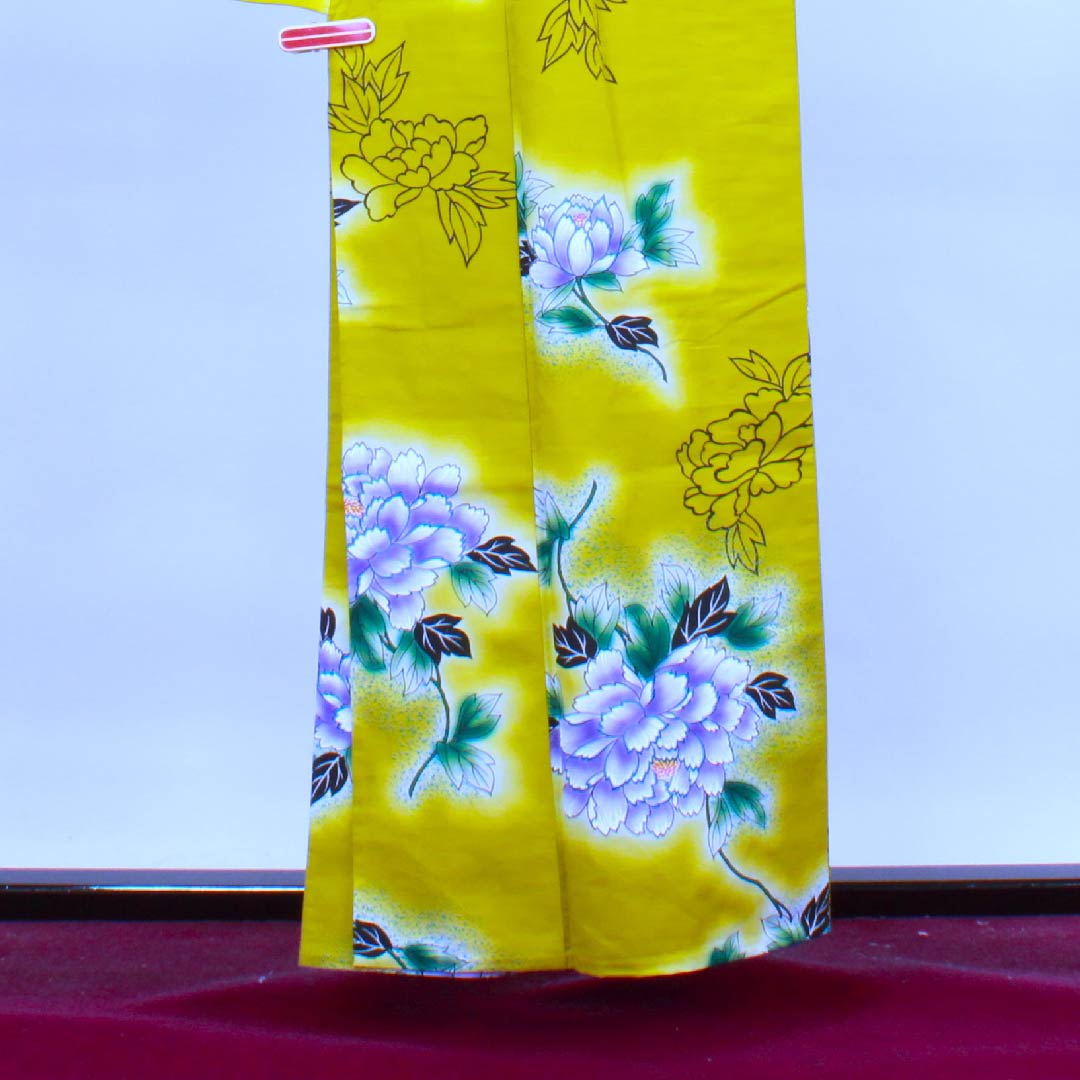 浴衣 刈安色 牡丹 木綿 Sランク 単衣 身丈156.5cm 裄丈65.5cm 黄系 1118004352323