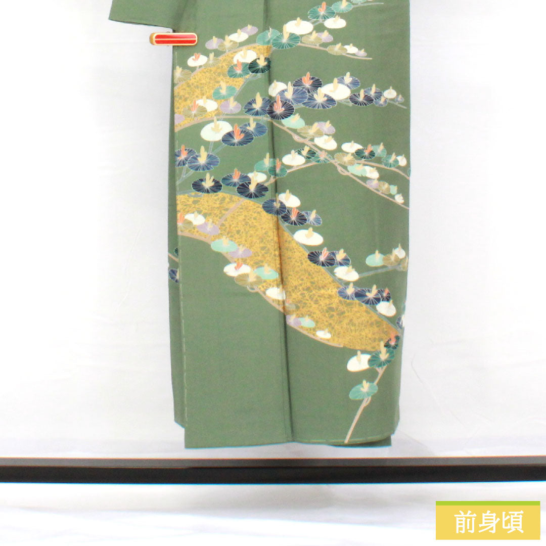 訪問着 正絹 袷 身丈146.5cm 裄丈60cm 琅玕色(ろうかんいろ) 京友禅 抽象模様 しつけ糸付き 未使用品 Sランク 緑系 1112005102119