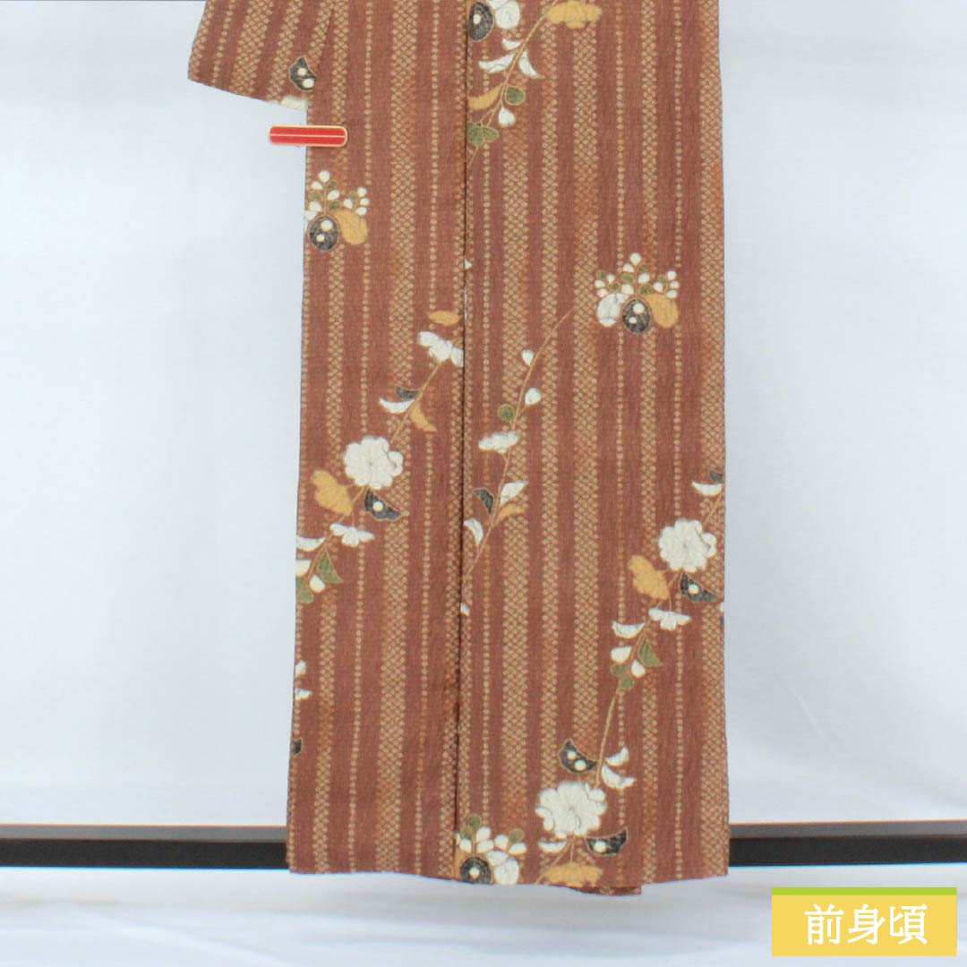 Silk Komon A Rank, Length 156.5cm, Sleeve-to-sleeve 64cm, Lined, Sugisomeiro, Katazome, Tsujigahana, Half-lined, Brown, 1115007843314
