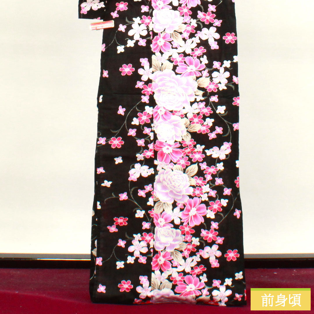 Yukata Cotton Length 165.5cm Sleeve length 64.5cm S rank Single layer Black Rose Cherry blossom 1118004512510