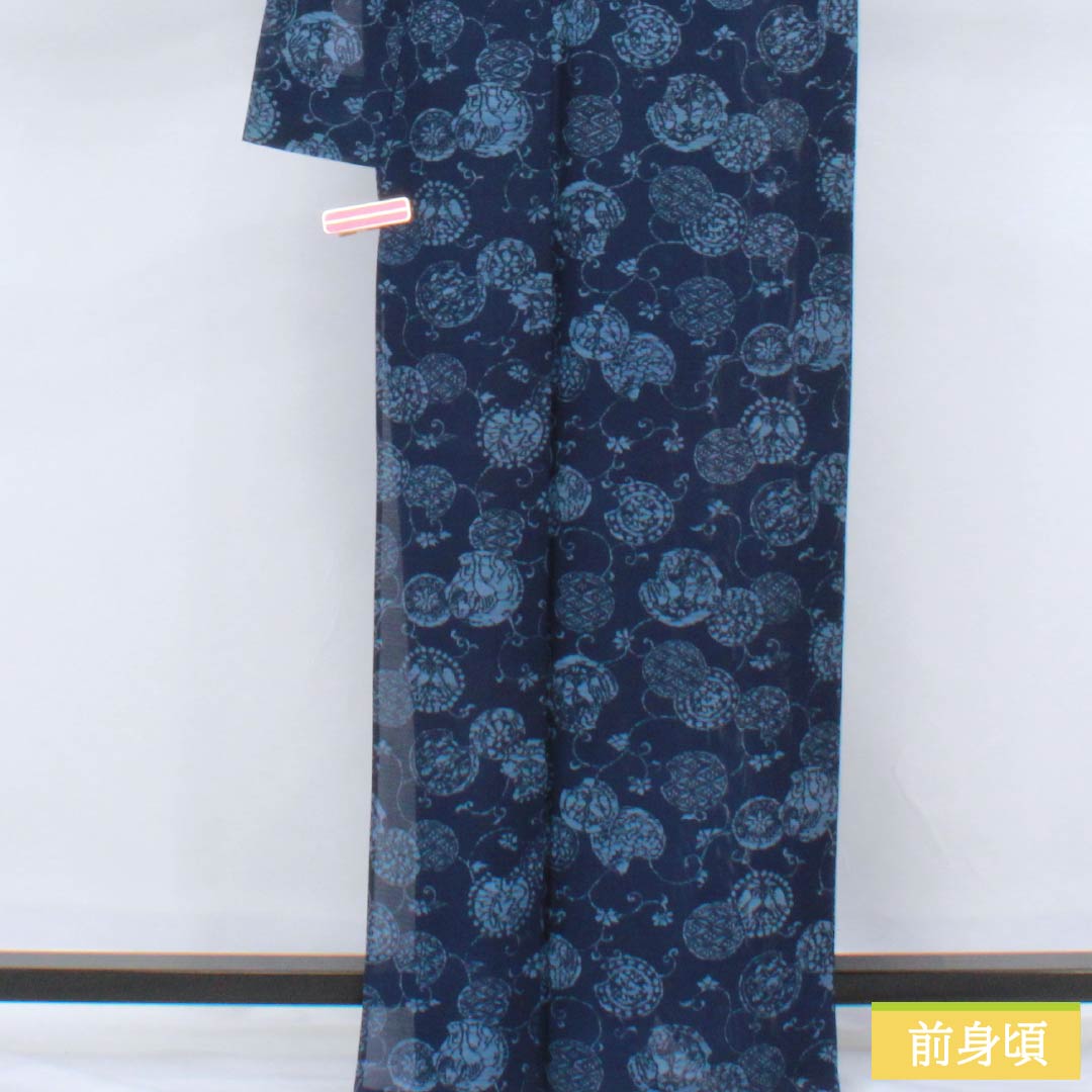 夏物 正絹 小紋 身丈163.5cm 裄丈63cm 紺色(こんいろ) 古典柄 型染 絽 Aランク 紺系 1132002713418