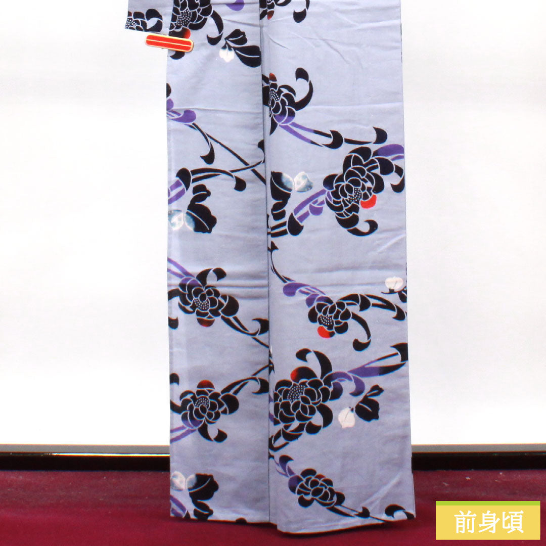浴衣 木綿 身丈164cm 裄丈65.5cm Aランク 単衣 グレー系 白菫色(しろすみれいろ) 菊 1118004873422