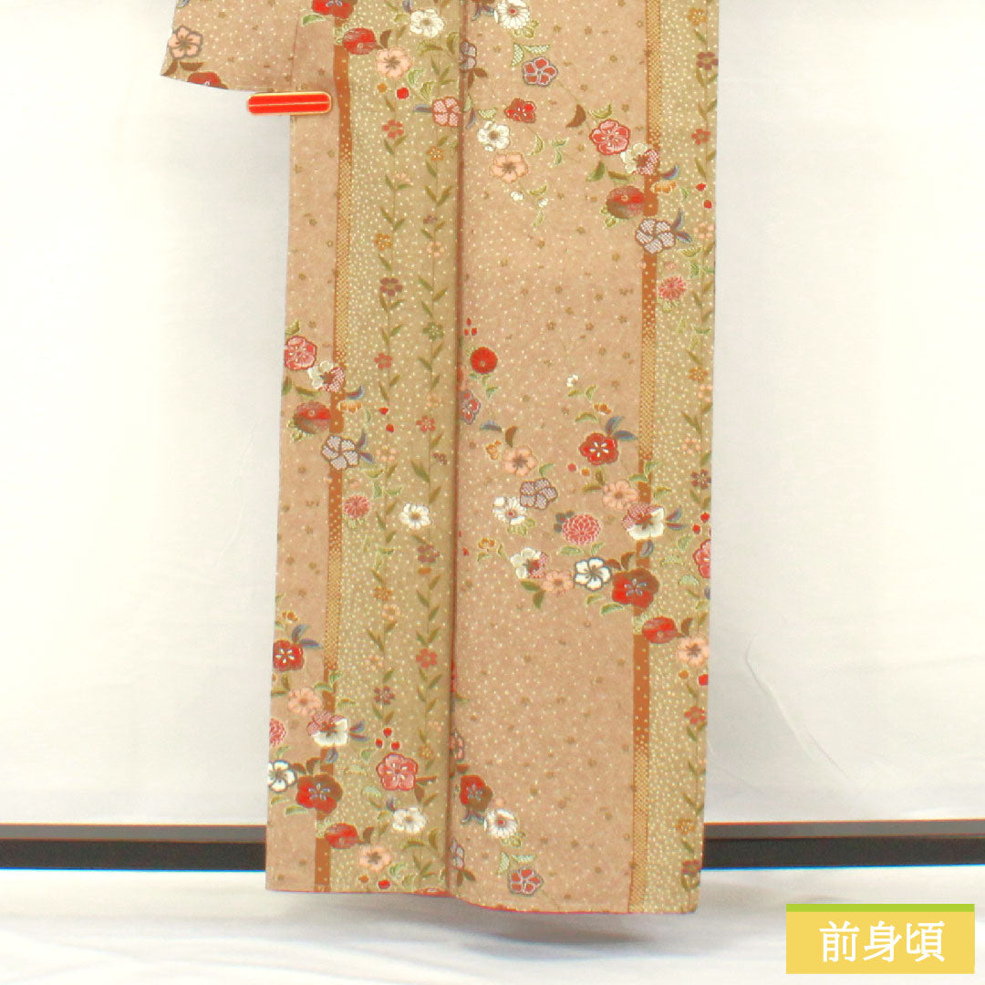 小紋 ポリエステル 身丈159cm 裄丈65cm 袷 香色(こういろ) 洗える着物 辻ヶ花 しつけ糸付き 未使用品 Sランク ベージュ系 1115004532325