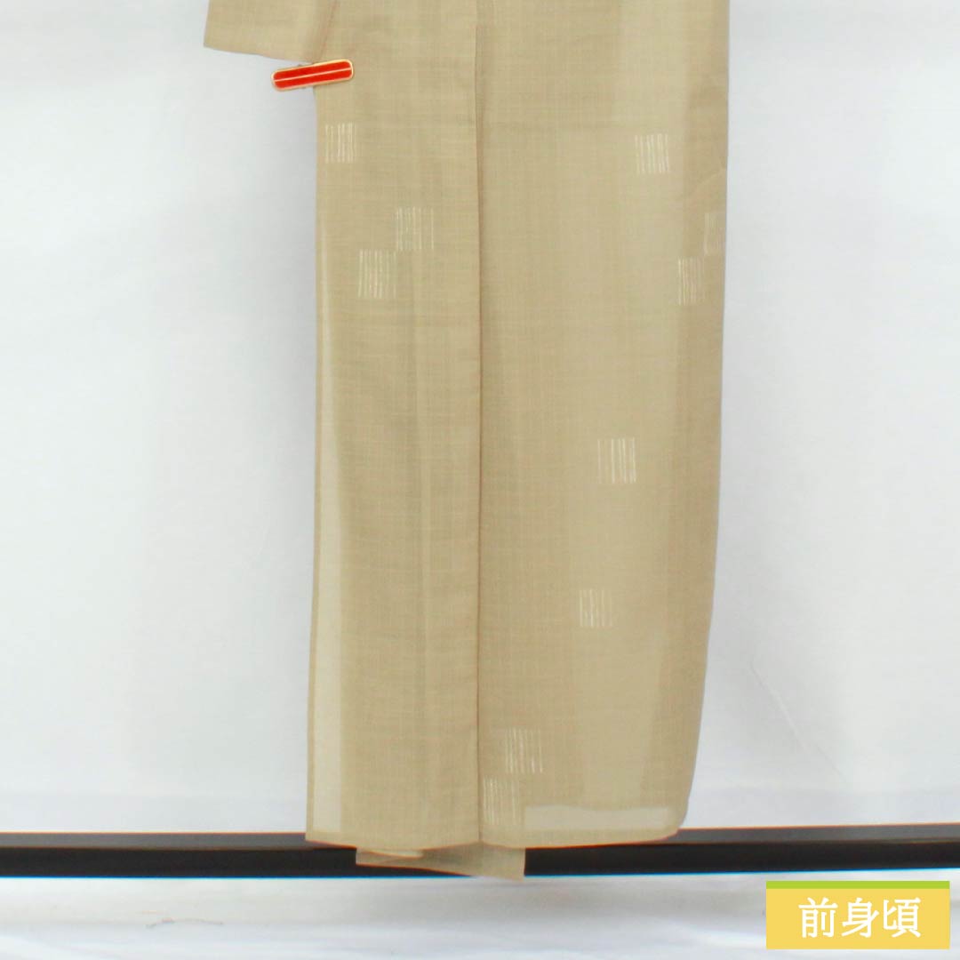 夏物 ポリエステル 小紋 身丈152.5cm 裄丈64cm 亜麻色(あまいろ) 幾何学模様 洗える着物 紗 Sランク ベージュ系 1132002672225