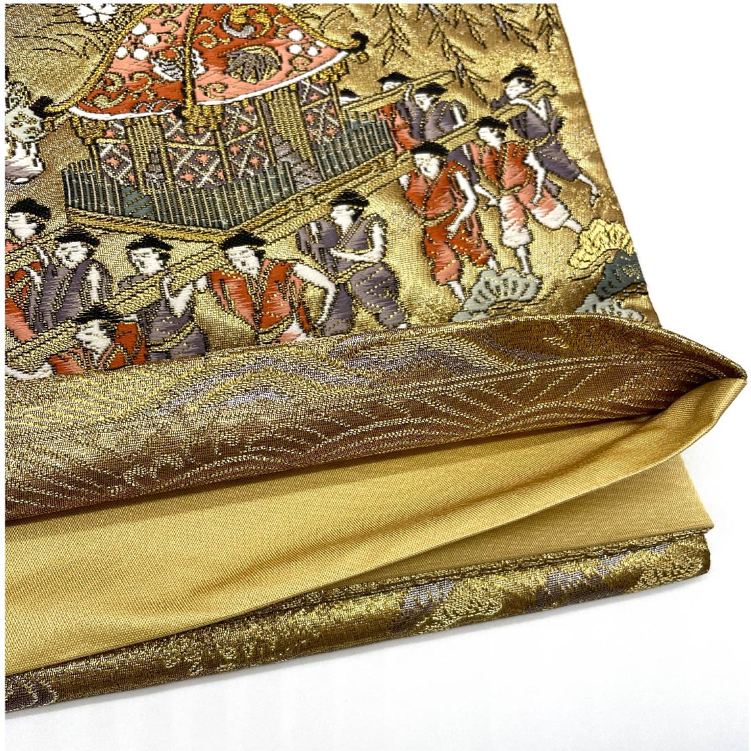 袋帯 金色 時代人物 時代風景 花模様 帯丈432cm 正絹 Aランク 六通 フォーマル 金系 1123006053321