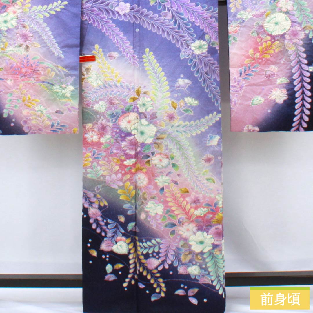 振袖 正絹 Bランク 身丈164cm 裄丈64.5cm 袷 竜胆色(りんどういろ) 京友禅 辻ヶ花 銀通し 絞り ソフトガード加工 紫系 1113002134420