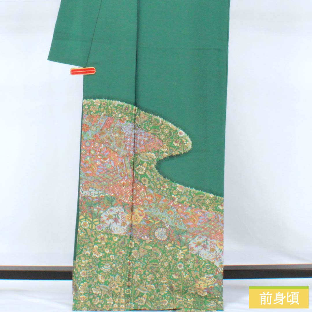 Formal Kimono, Polyester, Rank A, Unlined, Length 166.5cm, Sleeve-to-sleeve 66.5cm, Moe-gi Green, One Family Crest (Kage-tsuta), Stencil-dyed, Arabesque, Washable Kimono, Green Tones, 1112007613519