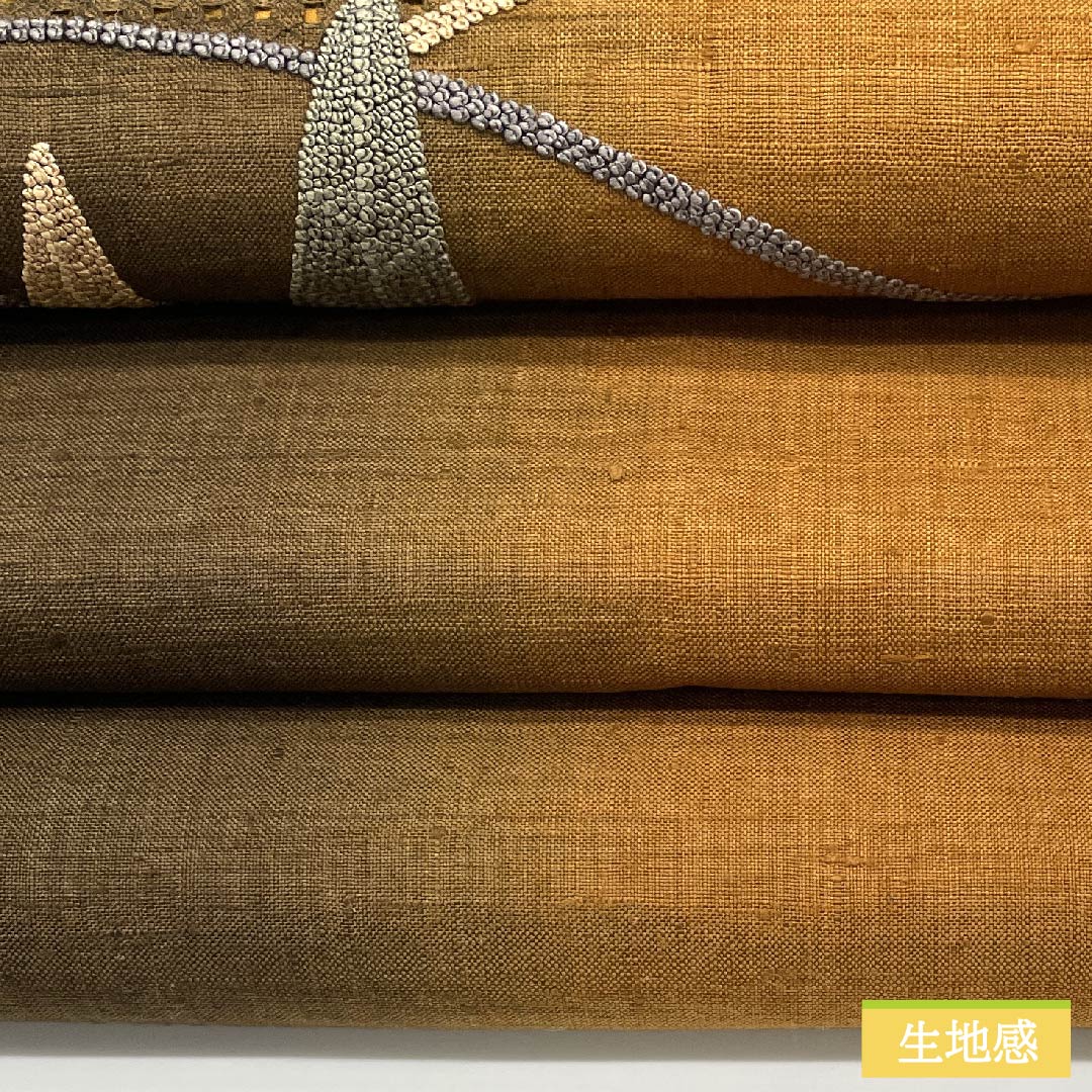 名古屋帯 正絹 昔唐茶色(むかしからちゃいろ) 相良刺繍 里山の風景 刺繍 帯丈358cm Sランク ポイント柄 カジュアル 茶系 1124006332314 名古屋仕立て