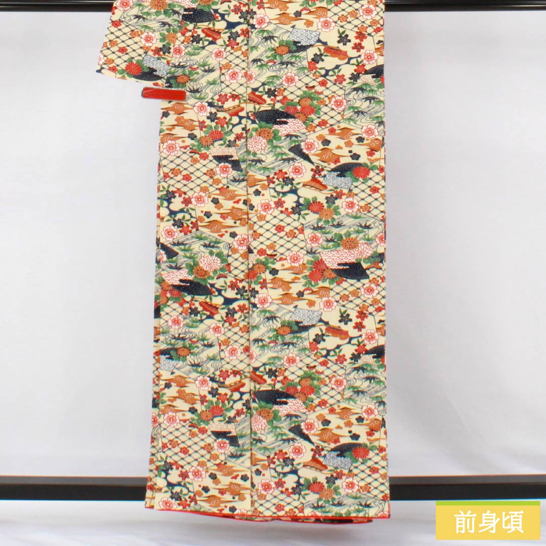 Komon (small pattern) kimono, pure silk, A-rank, length 158cm, sleeve length 62cm, lined, Tokyo white-brown (Tokyo shirachairo), tsumugi fabric, classic pattern, cream-toned, with basting threads, product number 1115007313315