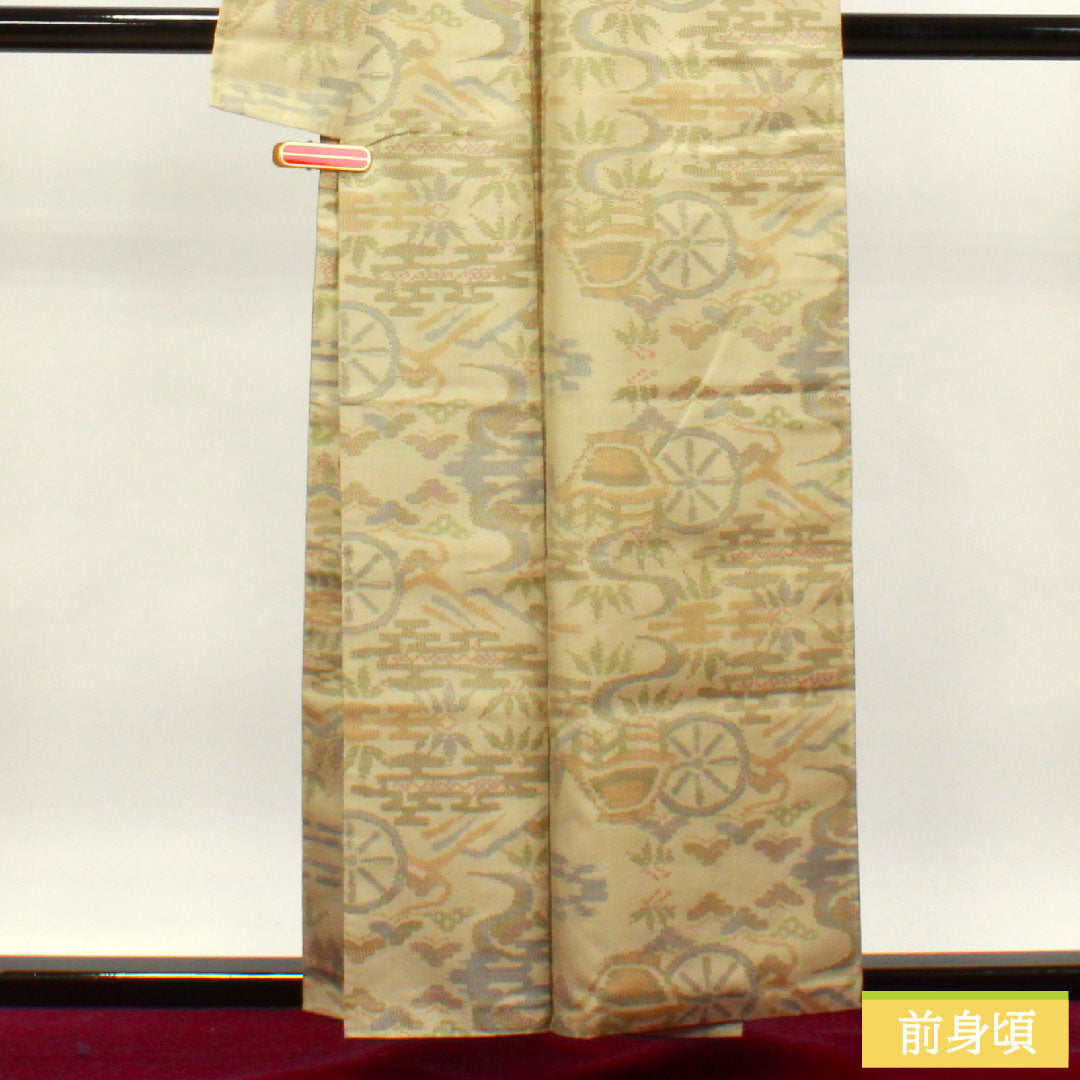 大島紬 正絹 身丈157.5cm 裄丈64.5cm 蕎麦切色 緯総絣 風景模様 Aランク 袷 ベージュ系 1116002883325