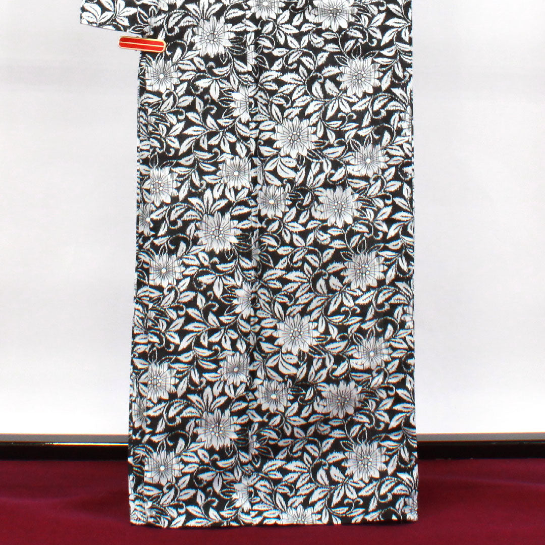 夏物 ポリエステル 小紋 身丈167cm 裄丈68cm 竪絽(たてろ) ガーベラ 洗える着物 絽 Sランク 黒系 1132001762510